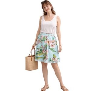 For Cynthia Linen Blend Tropical Floral Raw Hem Vacation Boho Coquette Skirt‎ XL